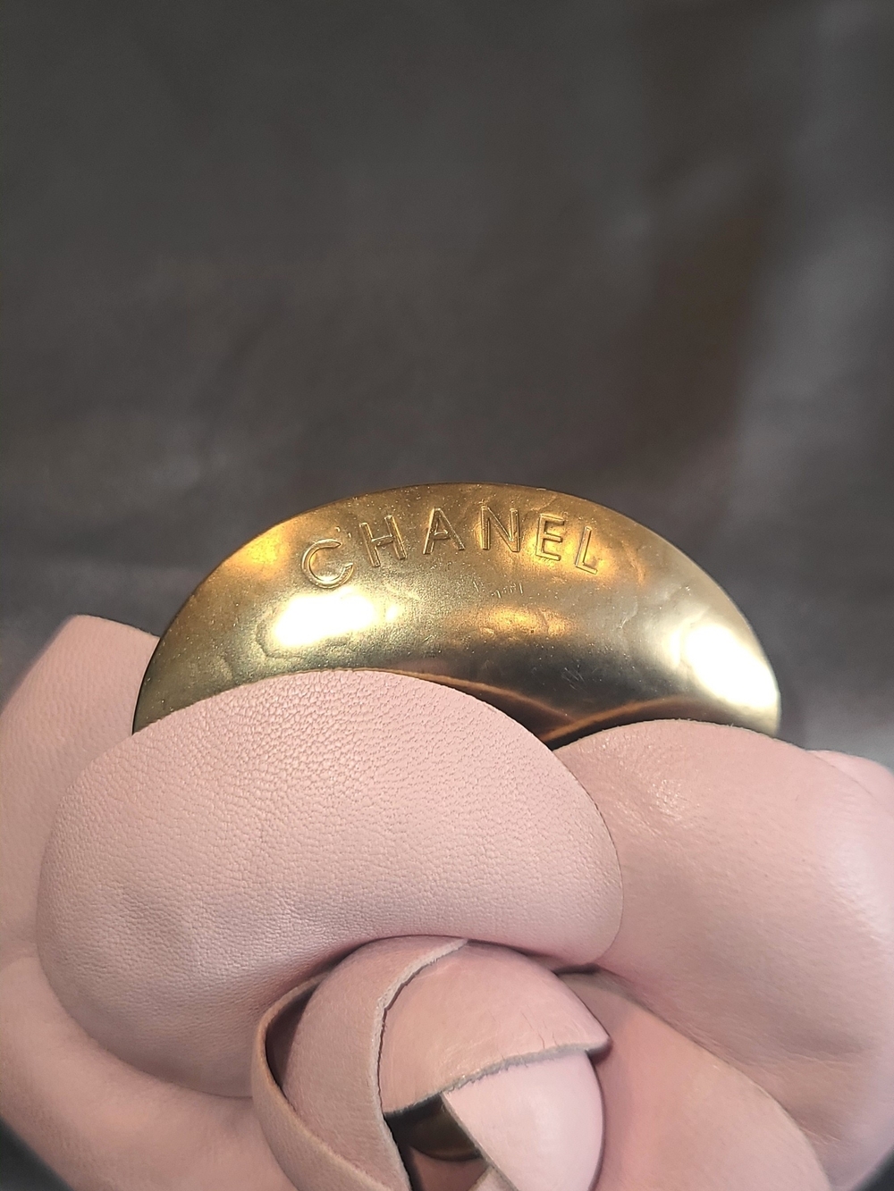CHANEL Blush Pink Camellia Brooch with Gold-Tone Detail - Picture 6 of 8